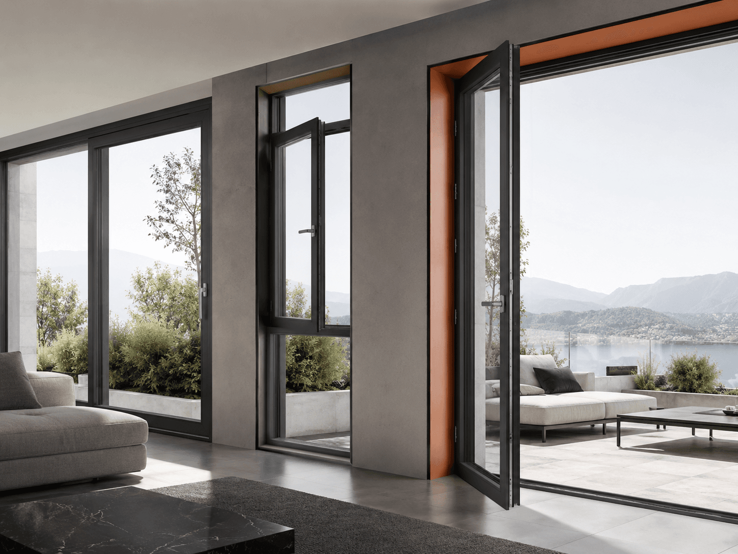 Interior contemporáneo con ventanas y puertas de PVC. Portada del Catálogo comercial Térmico. Inspiración de catálogo, no una obra ejecutada por Térmico.